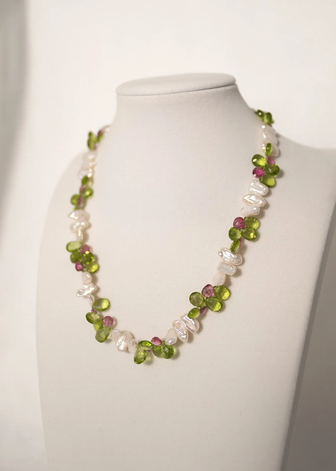 Biwa Pearl with Peridot & Tourmaline Briolette Clusters