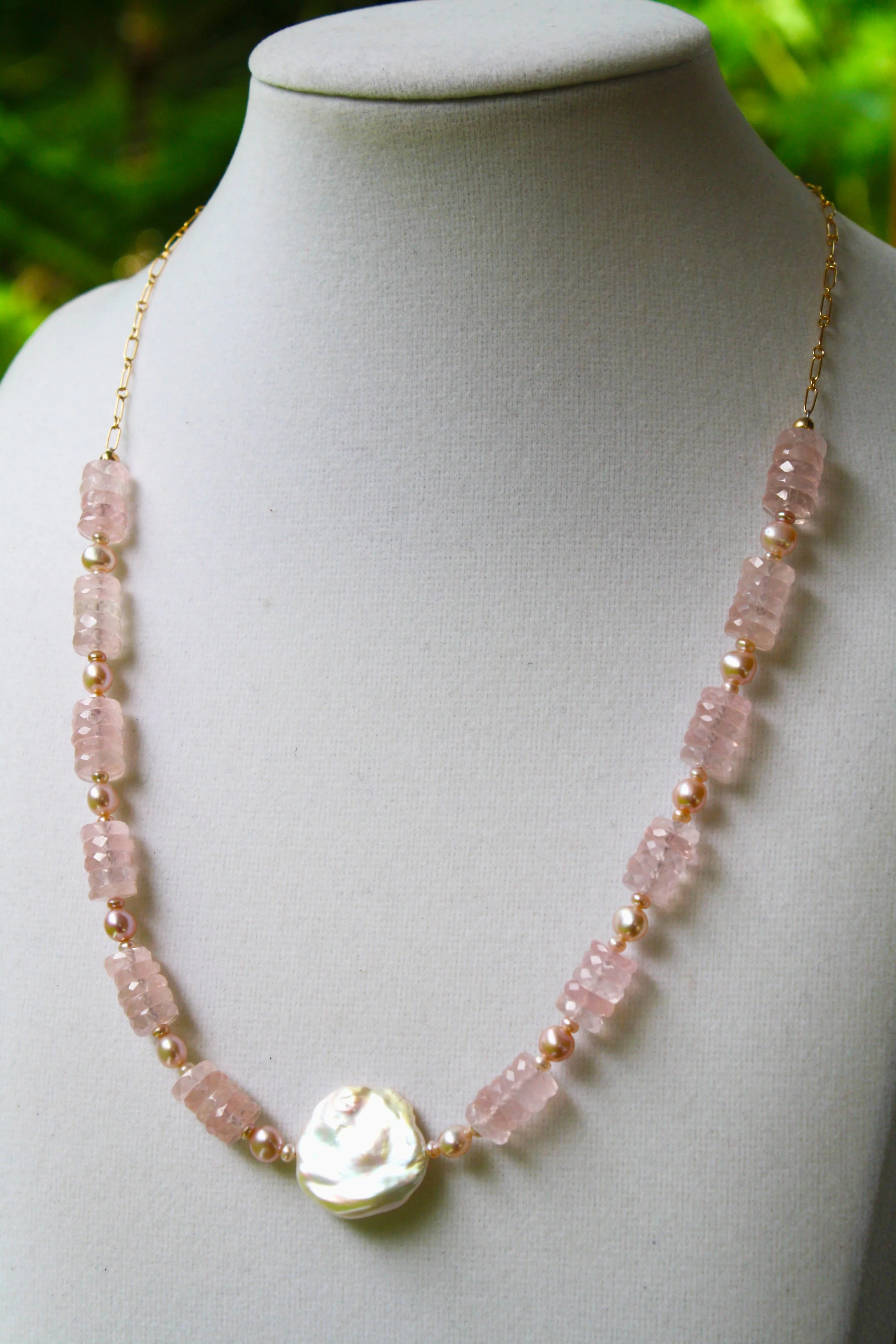 Rose Quartz gem and Baroque Pearl