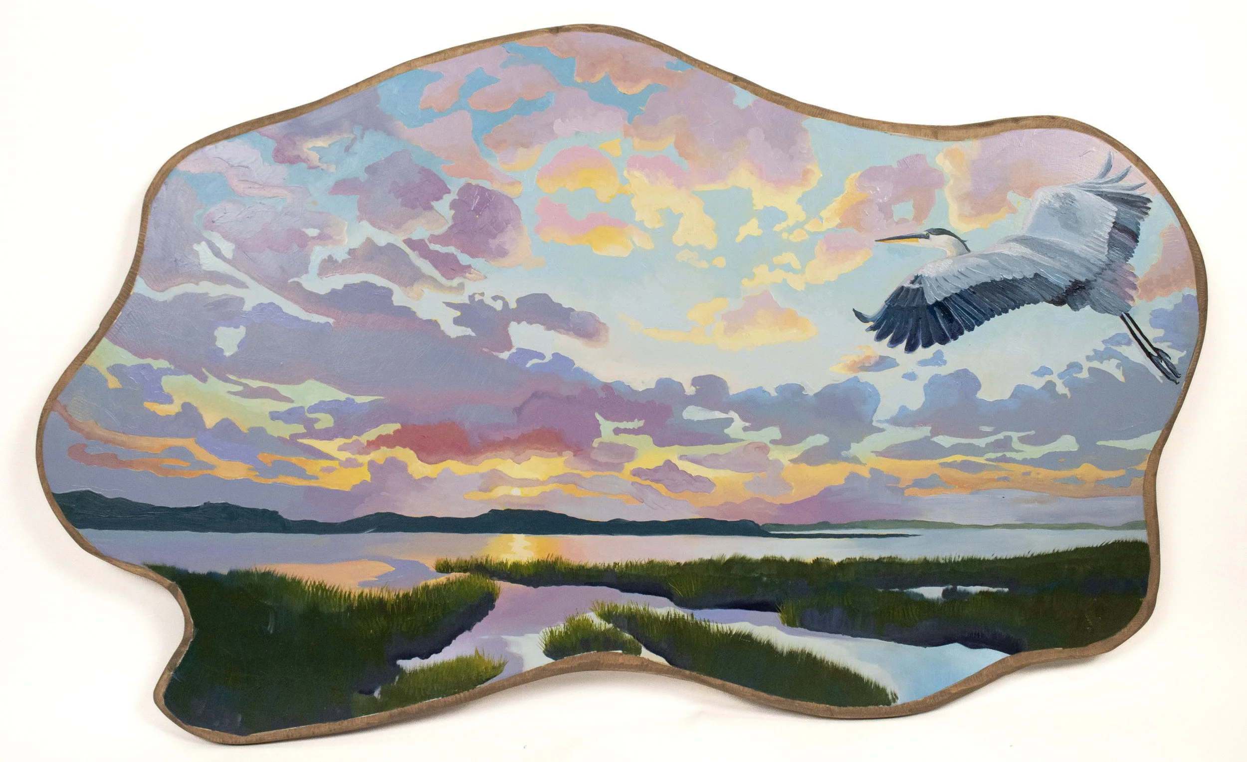 Great Blue Heron in a Stained Glass Sky,
Oil on shaped birch panel,
40 x 22,”
2026
