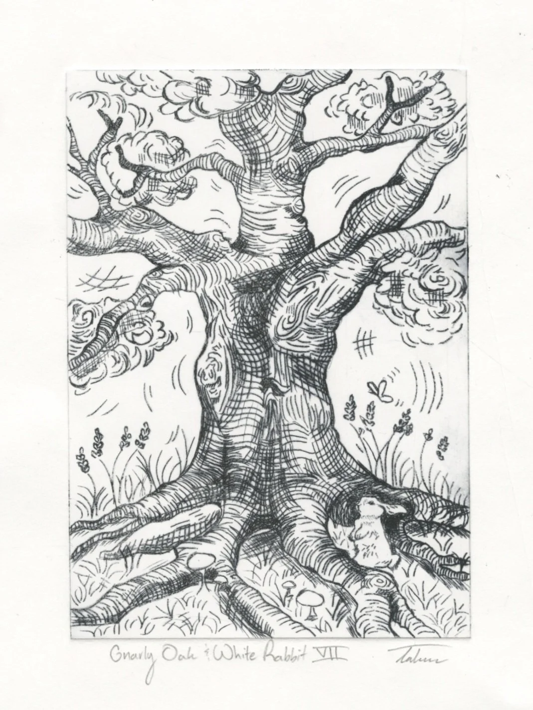 Gnarly Oak and White Rabbit,
Dry point intaglio on Rives heavyweight paper,
6x8,”
2024