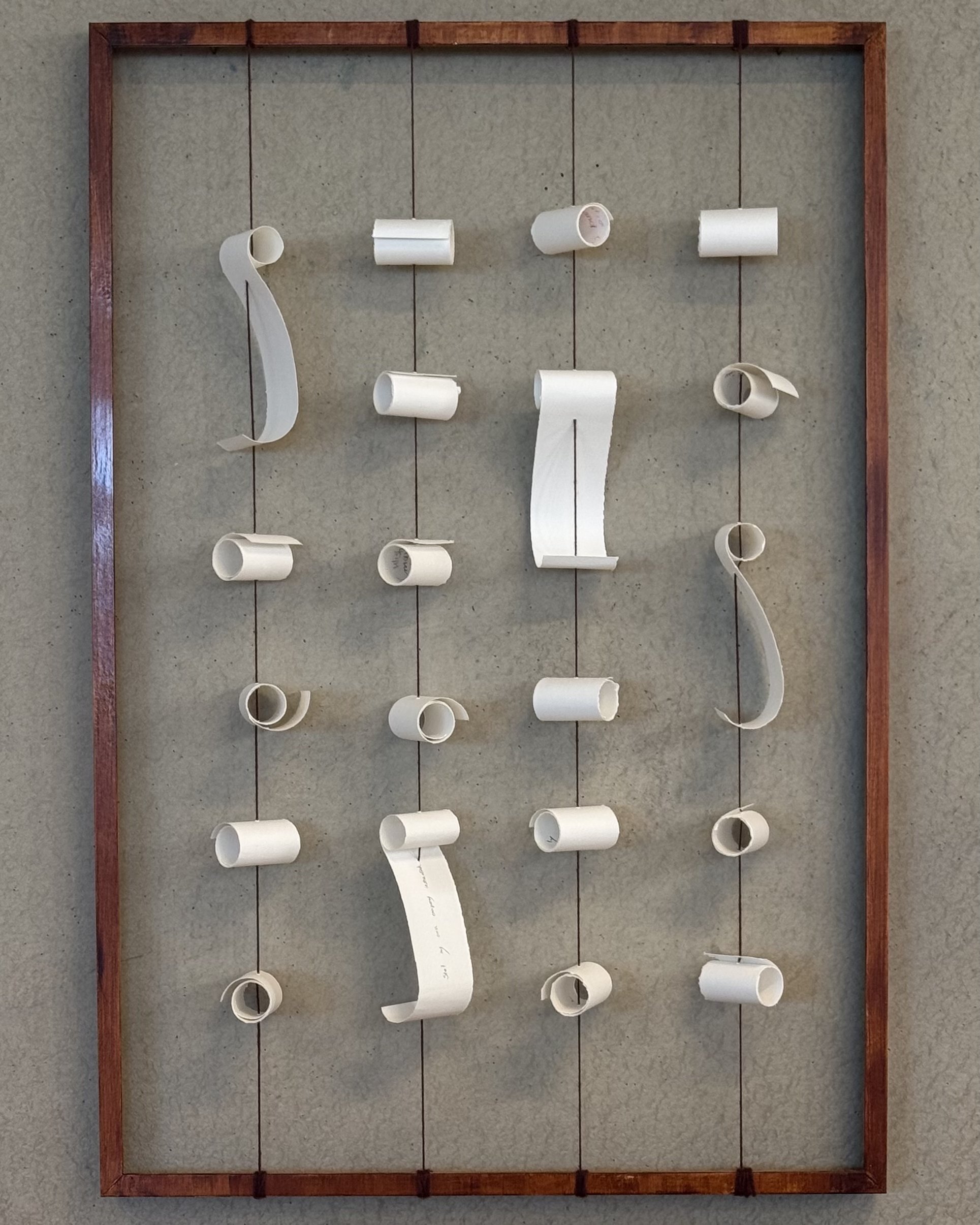 kaza no Ema -“Ema in the wind”,
2025,
wooden frame, paper, thread, paint,
59 cm x 84 cm