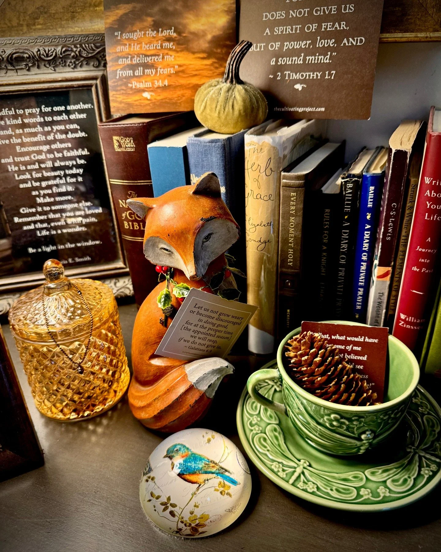 This morning when I began my quiet time with the Lord and started writing my thanks to Him as I do every morning, I looked at the things on my desk and thought about how much I love these things. They are personal to me. They mark my history and are 