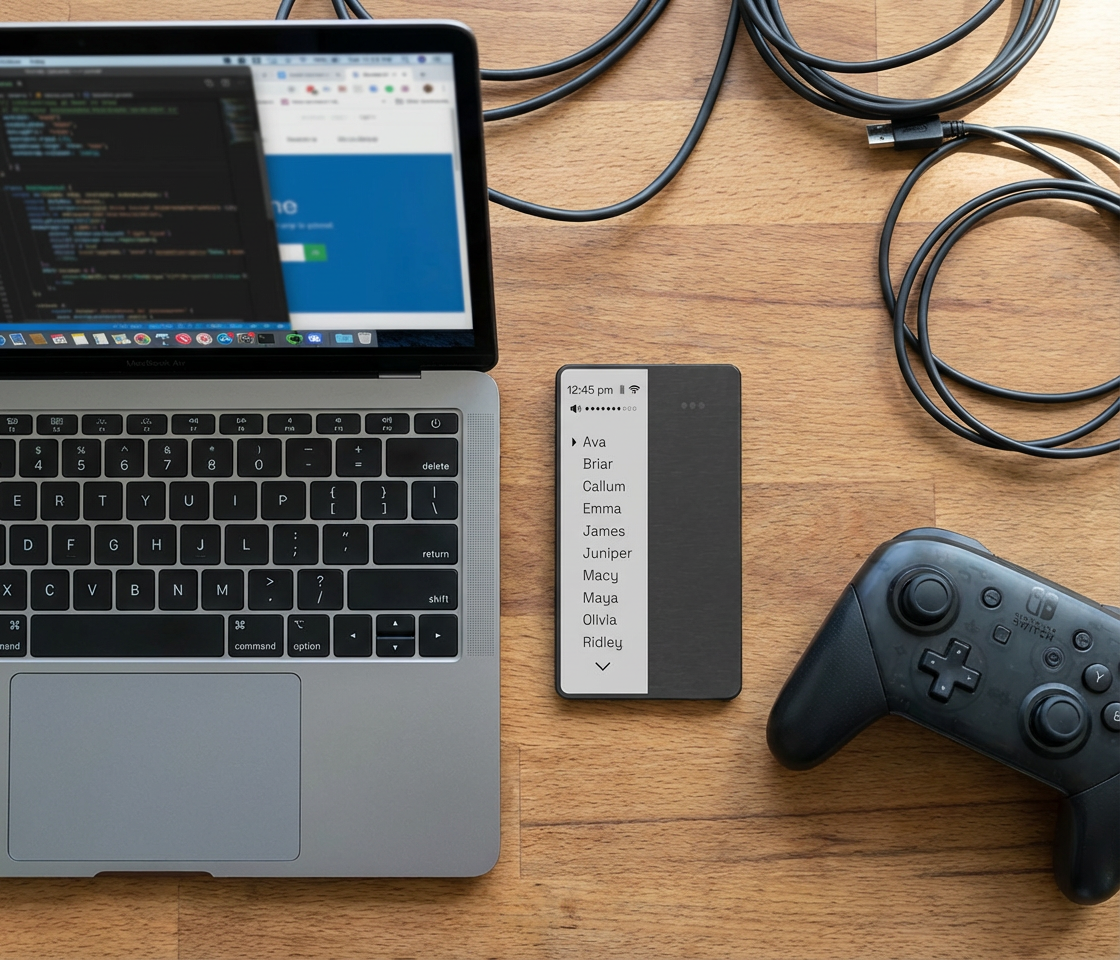 A wooden desk with a MacBook laptop displaying coding and a browser, a small rectangular device with a list of names, a Nintendo Switch controller, and several cables.