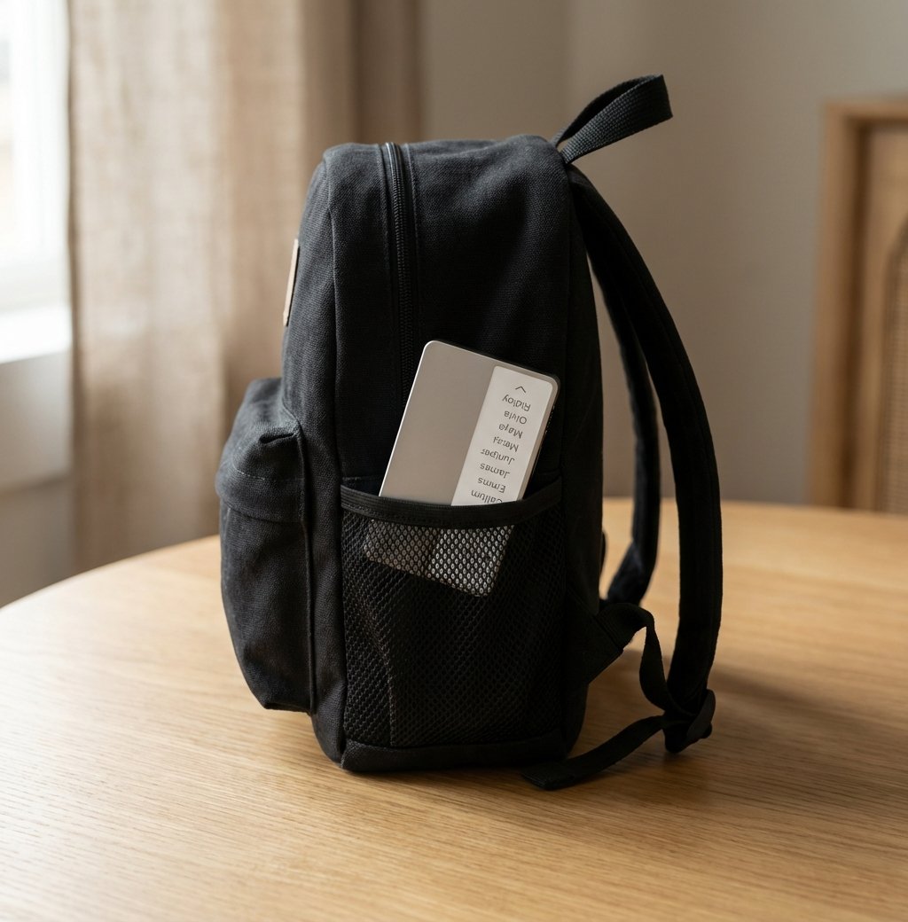 Black backpack with an open side pocket containing a white boarding pass on a wooden table, with a window and beige curtains in the background.