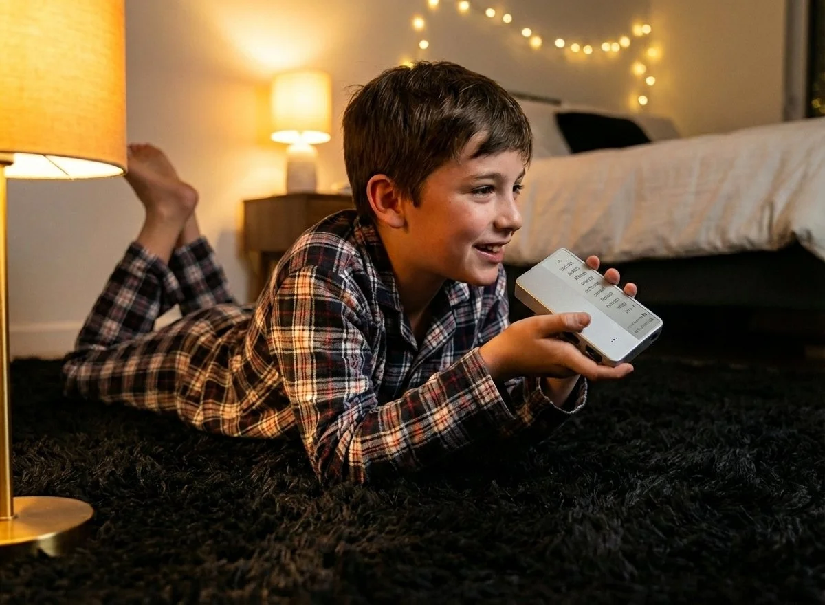 Young boy lying on a black carpet in a cozy bedroom, holding a remote control and watching television, with warm lighting and string lights in the background.