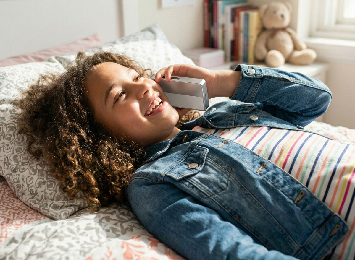 A girl with curly hair lying on a bed, smiling and talking on a cordless phone.
