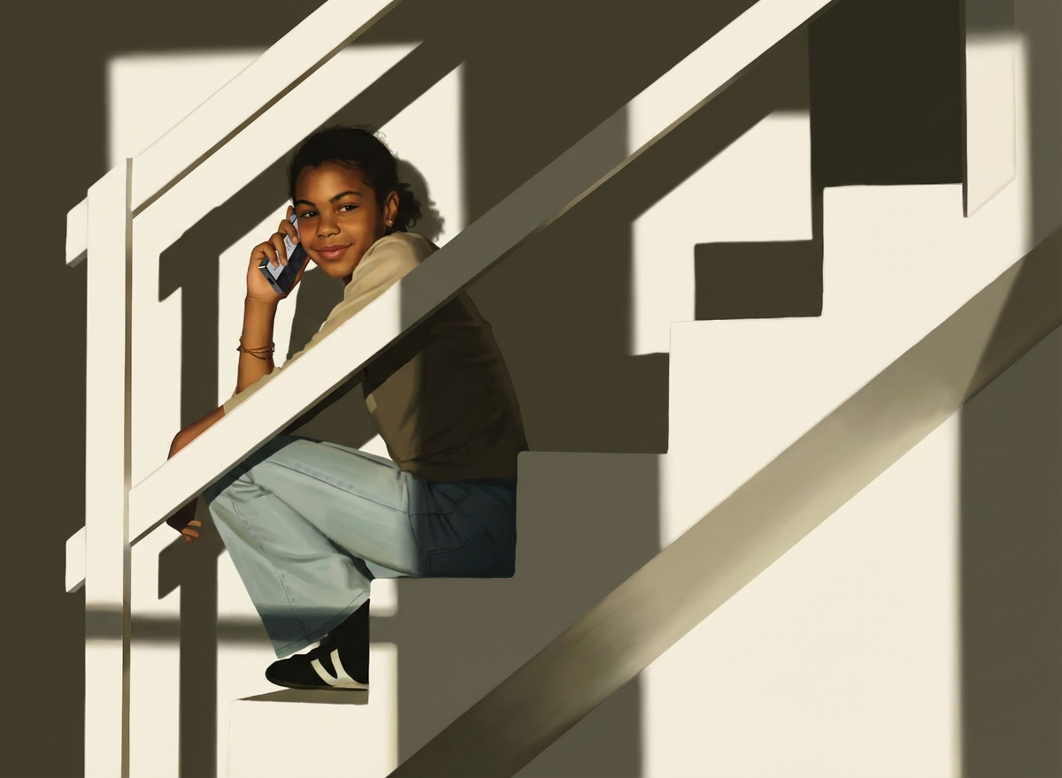 A young girl sitting on stairs, talking on a mobile phone, with sunlight and shadows creating a pattern on the wall behind her.