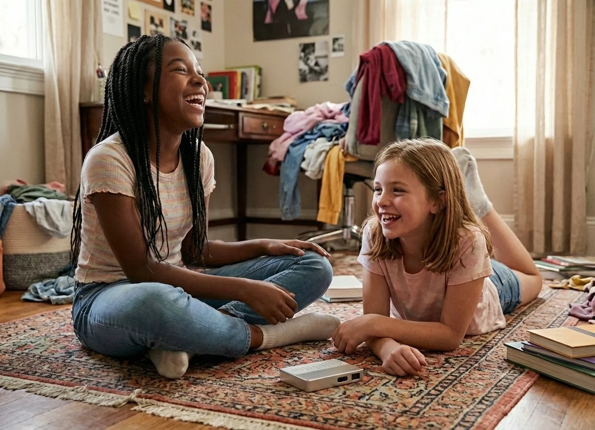 Two girls, one with dark braided hair and the other with red hair, laughing and playing on the floor of a cluttered bedroom, with laundry and books around them.