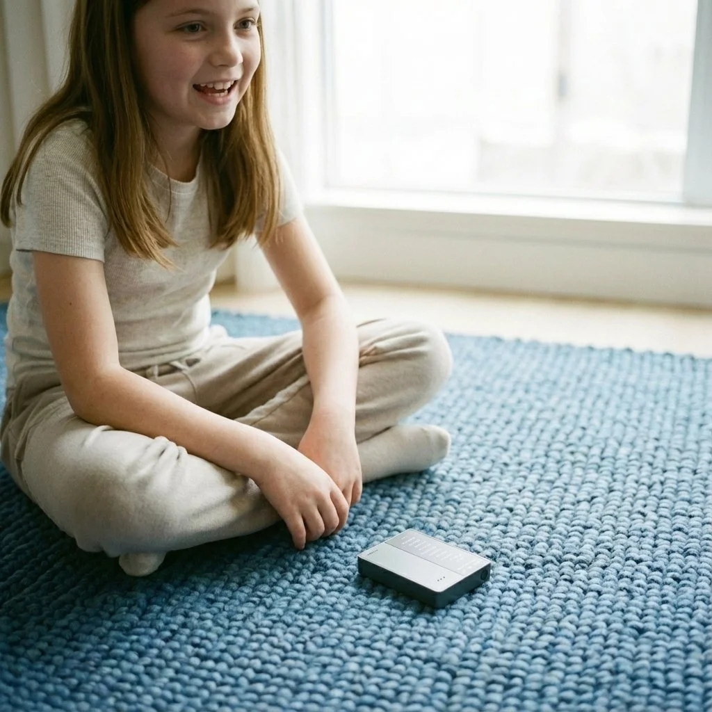 A young girl sitting cross-legged on a blue rug next to a window, smiling at a small rectangular device on the floor.