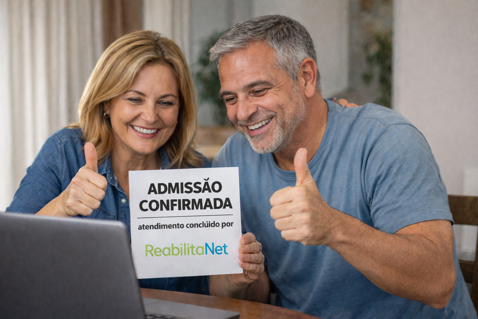 Homem e mulher sorrindo, segurando um cartaz com 'Admissão Confirmada' e o logo ReabilitaNet, enquanto assinam um documento no computador.