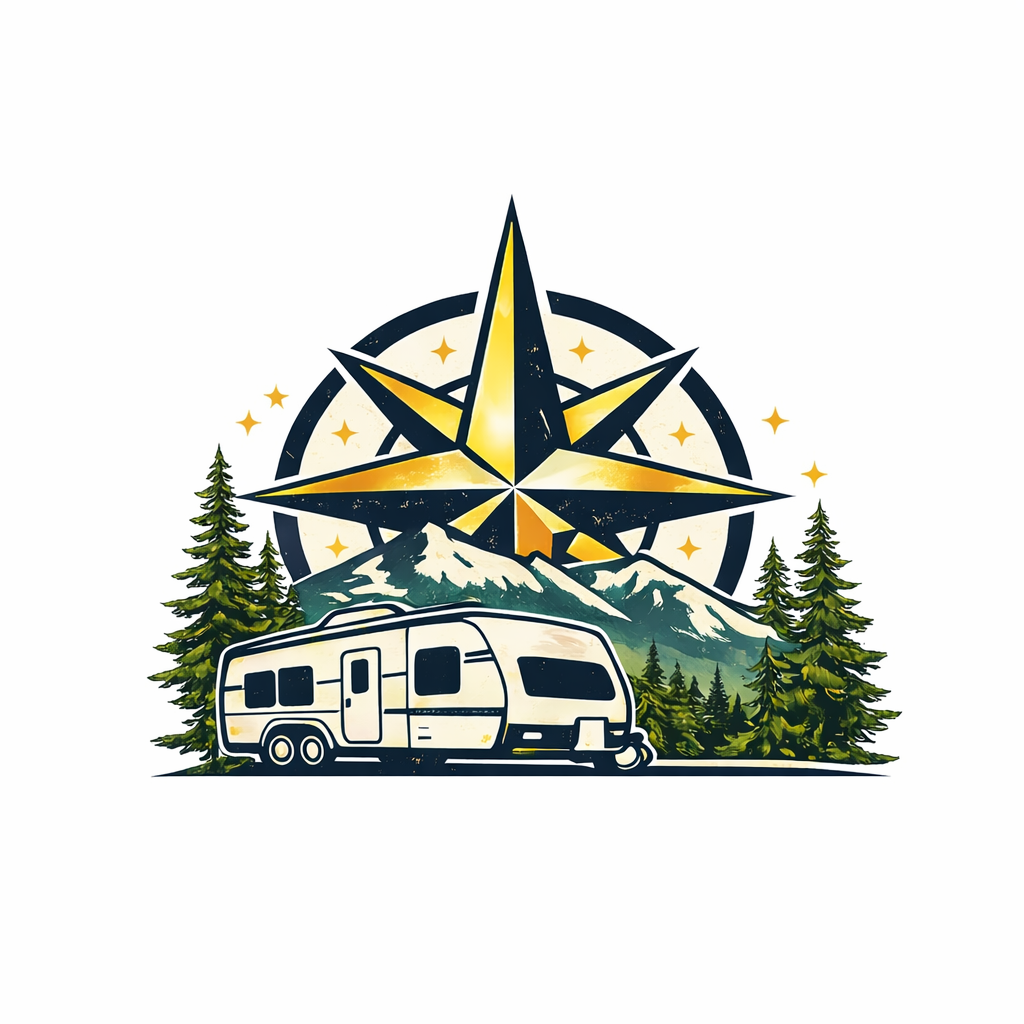 Illustration of a travel trailer, pine trees, mountains, and a compass with stars in the background, suggesting outdoor adventure and exploration.