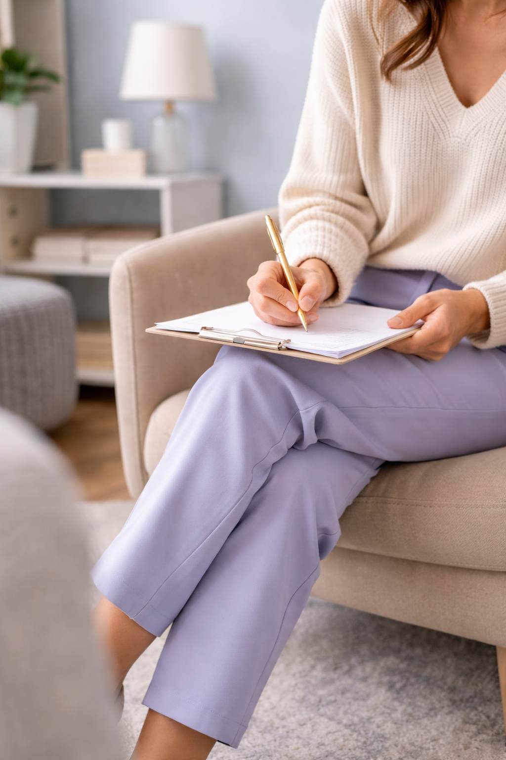 A woman sitting on a beige sofa, writing on a clipboard with a gold pen in a cozy, modern living room.