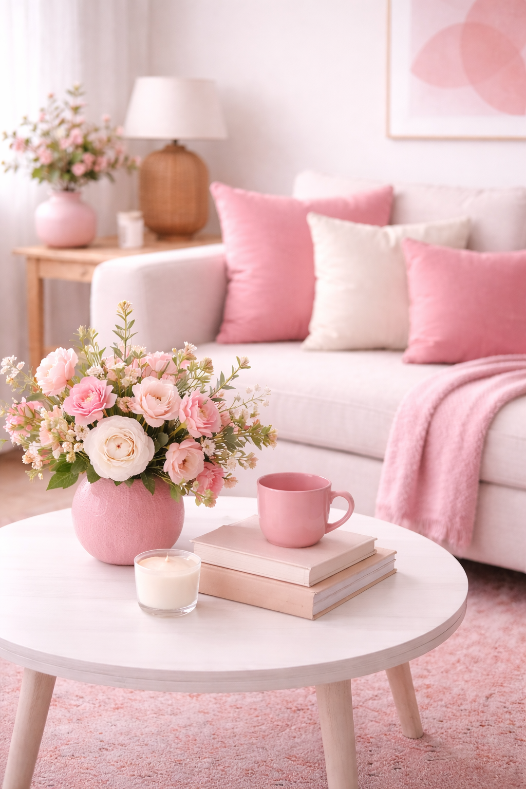 A cozy living room decorated in shades of pink and white, featuring a white couch with pink and white pillows, a pink blanket, a round pink flower vase filled with pink and white flowers on a white coffee table, next to a pink mug, a pile of books, and a lit candle. In the background, a side table with a pink vase and flowers, a lamp, and a framed pink artwork on the wall.