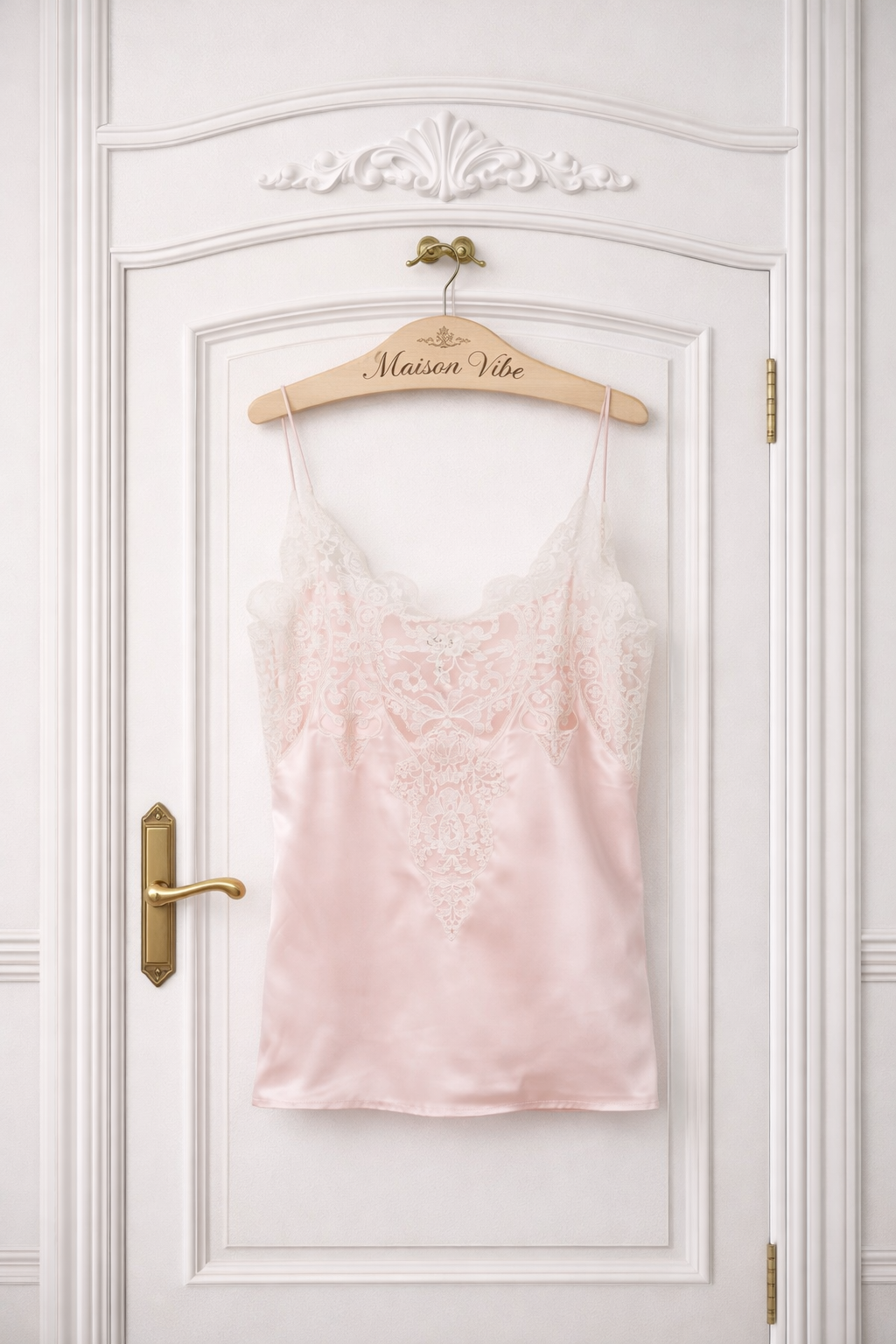 A light pink satin and lace dress hanging on a wooden hanger with "Maison Vibe" written on it. The dress is on a white door.