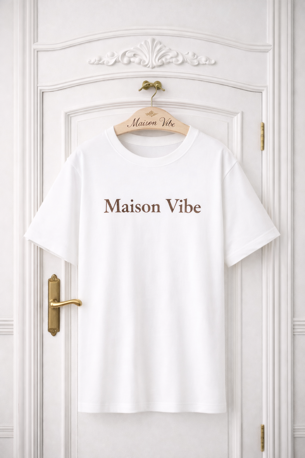 White t-shirt hanging on a wooden hanger with 'Maison Vibe' written on it, displayed on a white door.