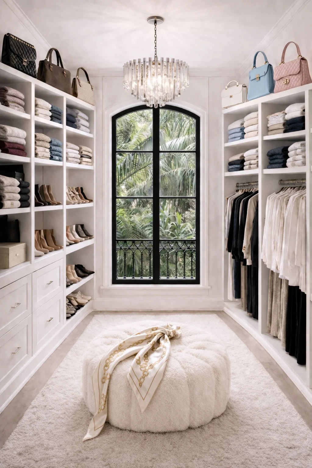 Luxurious walk-in closet with white shelving, jewelry and handbag storage, a large arched window revealing lush green foliage, a chandelier, and a plush white ottoman draped with a scarf.