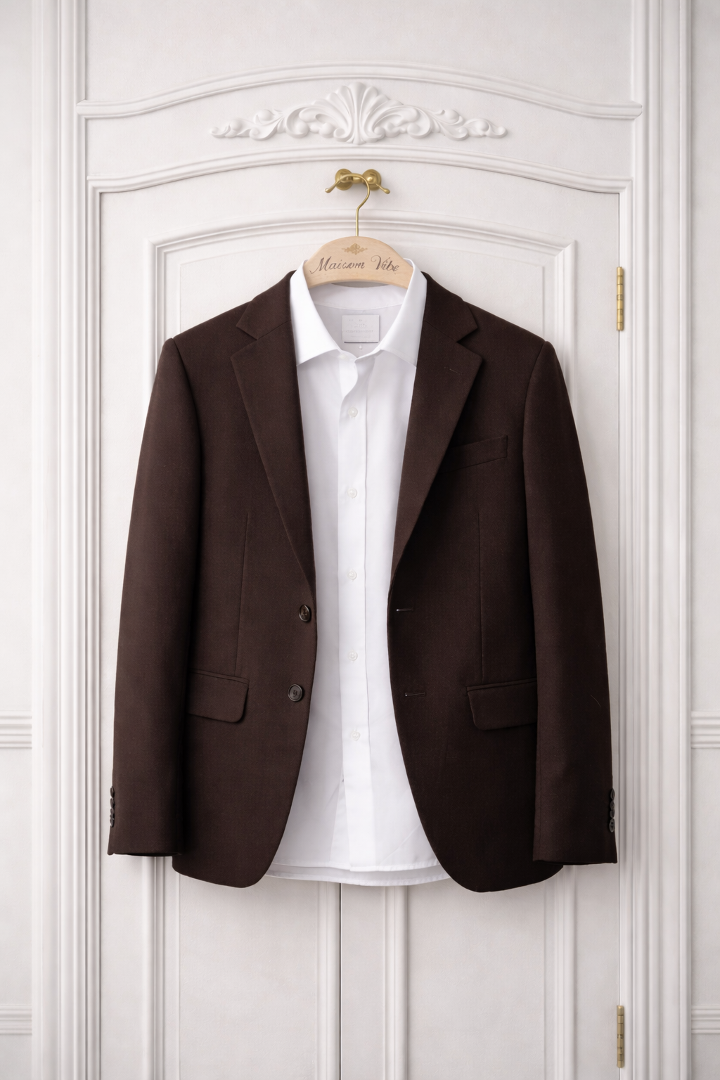A white dress shirt hanging on a wooden hanger with the words 'Majicom Vibe' engraved on it, on a white door.