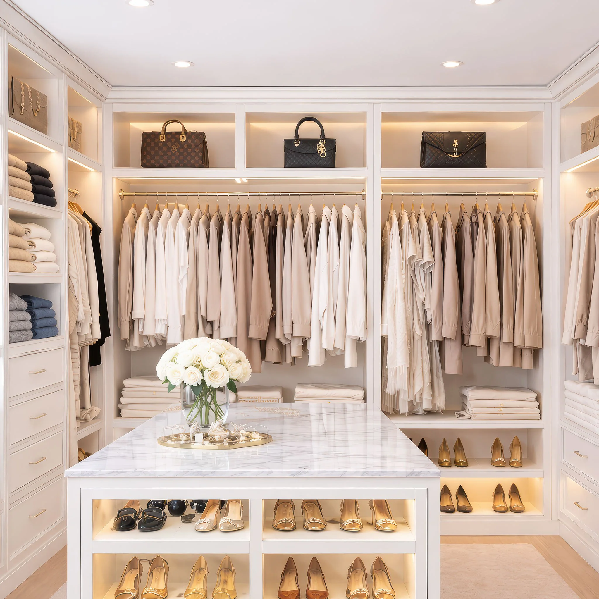Luxury walk-in closet with white shelves filled with folded clothes, hanging beige and white garments, and black handbags on top, with gold and black high heels displayed on shelves and an elegant marble-topped table with a bouquet of white roses in the center.