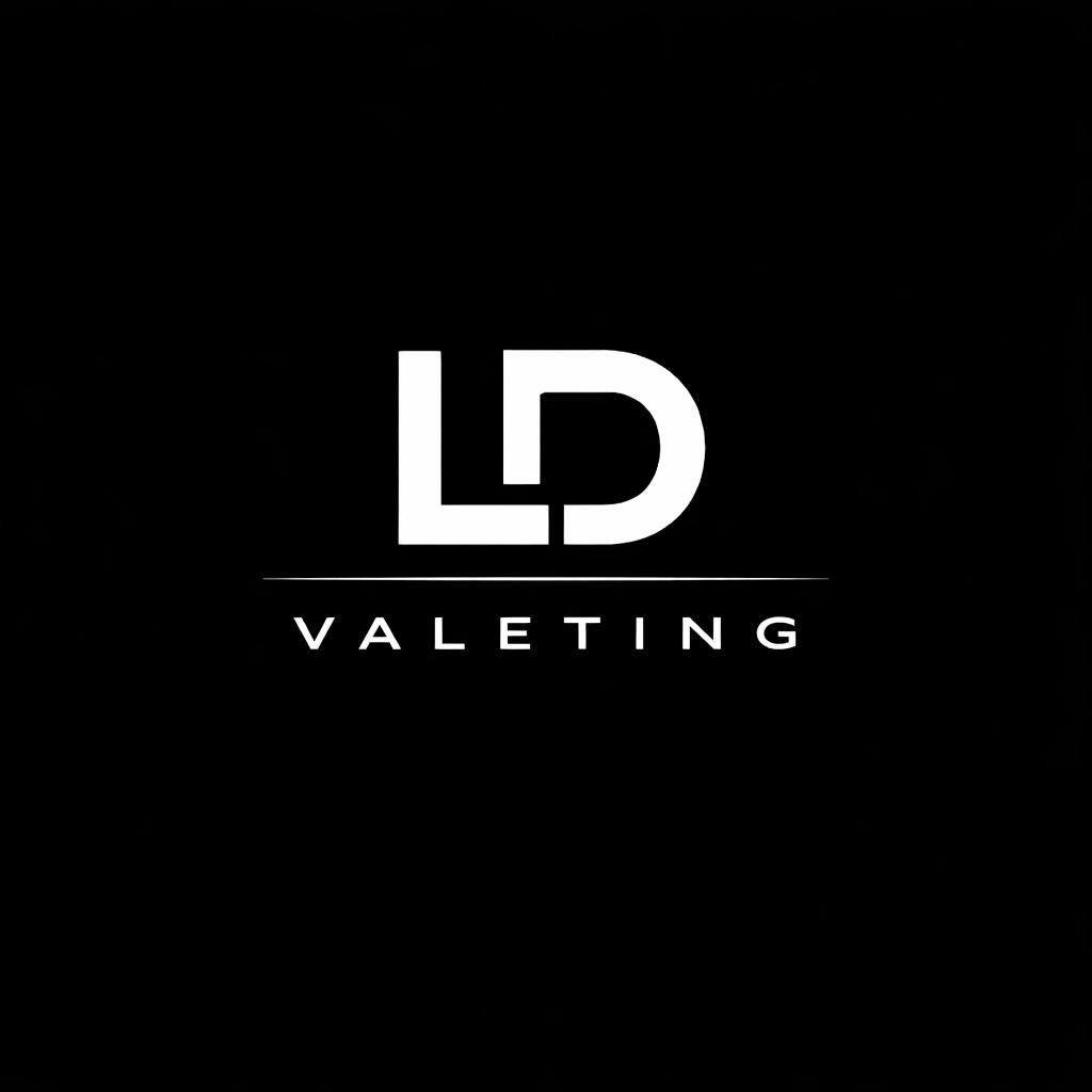 Black background with white logo consisting of the initials 'LD' above the word 'Valeting' in capital letters.