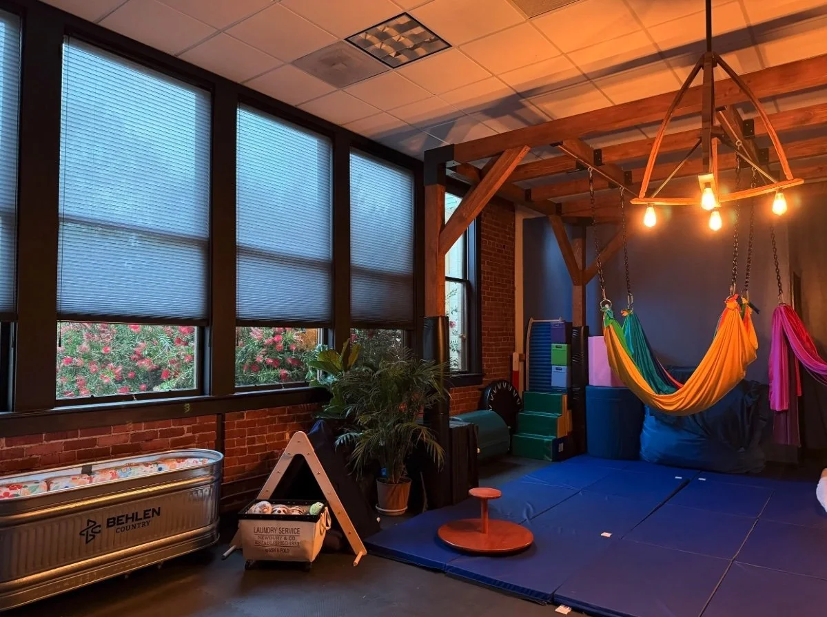 Indoor play space with large windows, brick wall, and colorful hammocks hanging from a wooden frame. There are mats on the floor, a potted plant, and various storage containers and gym equipment.