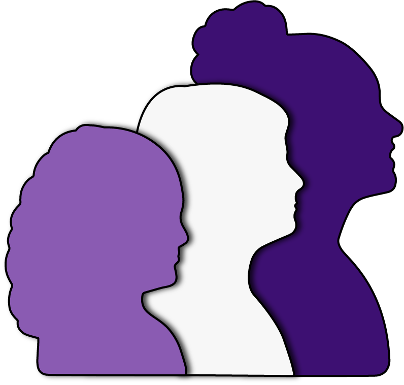 Silhouettes of three women in profile, layered with different shades of purple and white, against a black background.