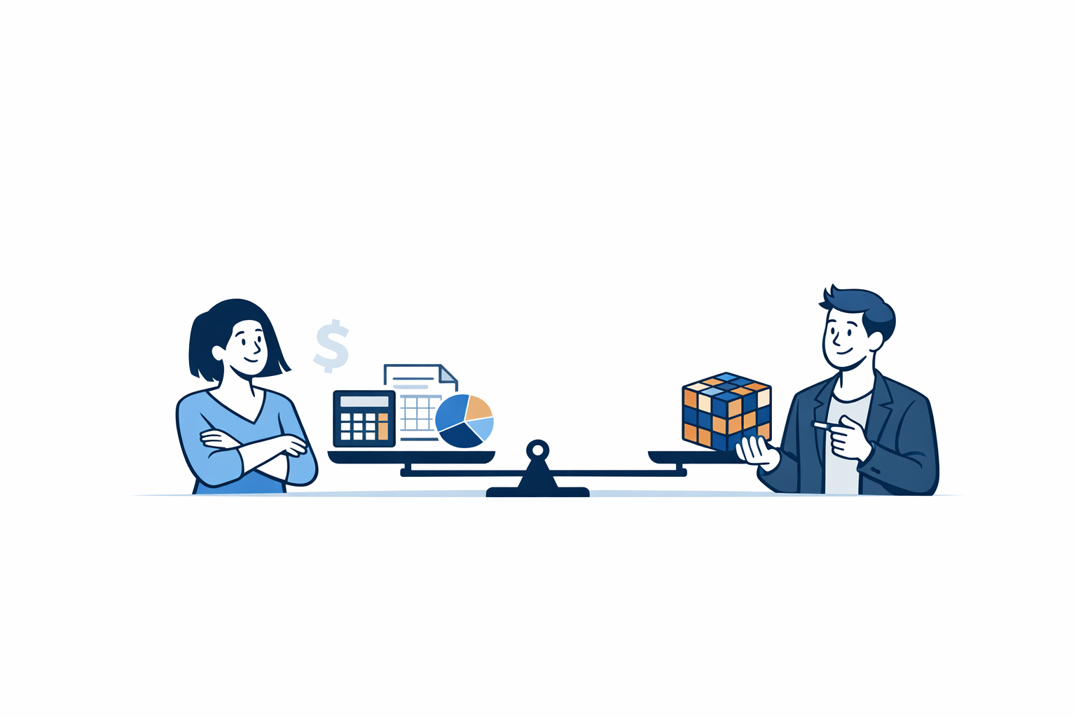 Illustration of a woman and man balancing a scale, with business and finance icons on one side and a Rubik's cube on the other.