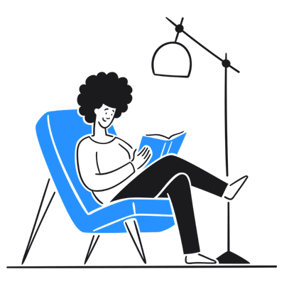Person with curly hair sitting in a blue armchair, reading a book, next to a floor lamp in a dark room.