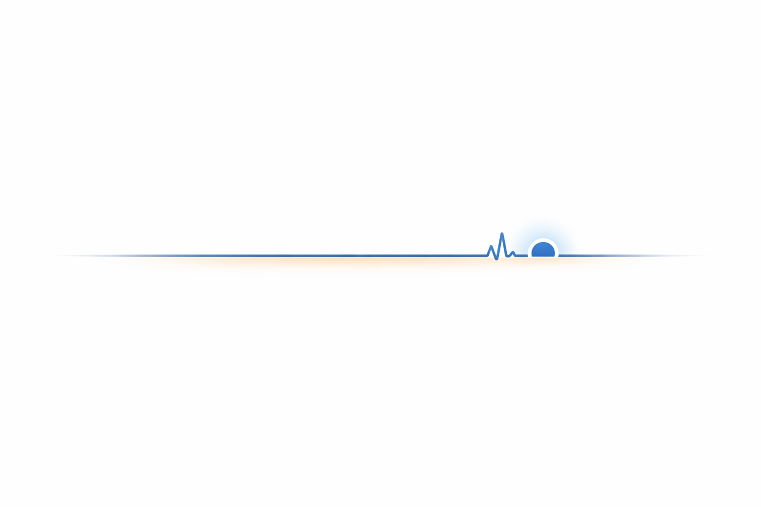 An abstract, minimalist digital illustration featuring a thin horizontal line with a small blue circle and a few short, jagged lines near the right end, glowing slightly against a white background.