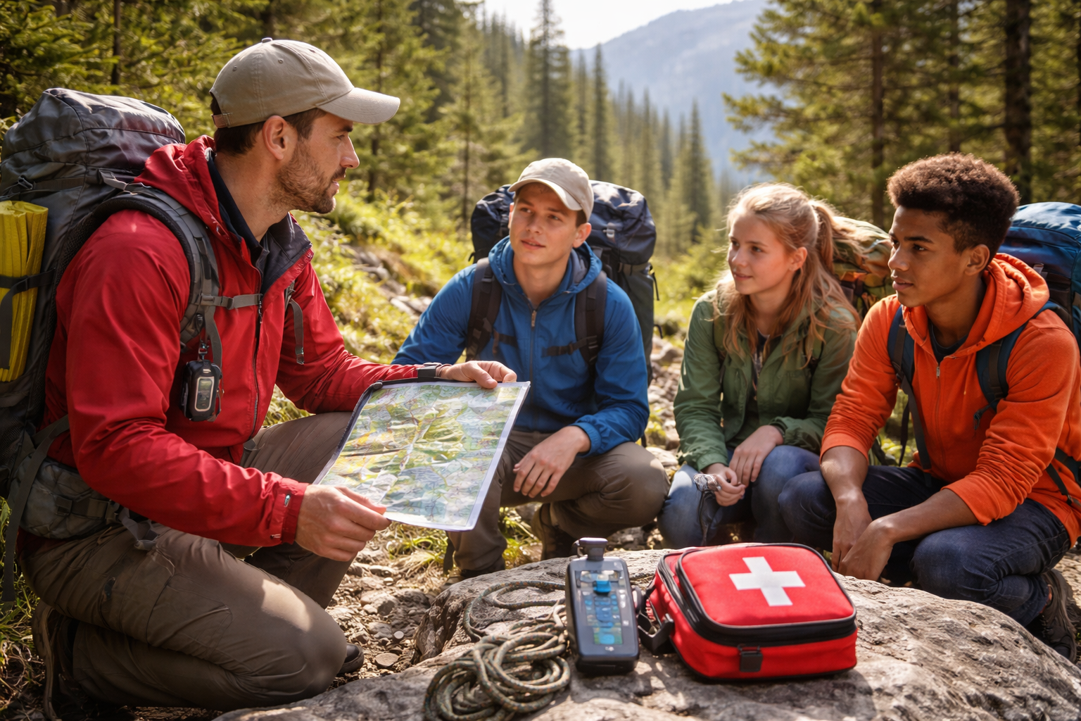 A hiking crew of four people in forest discussing a map and rescue equipment on a rock, with mountains in the background.
