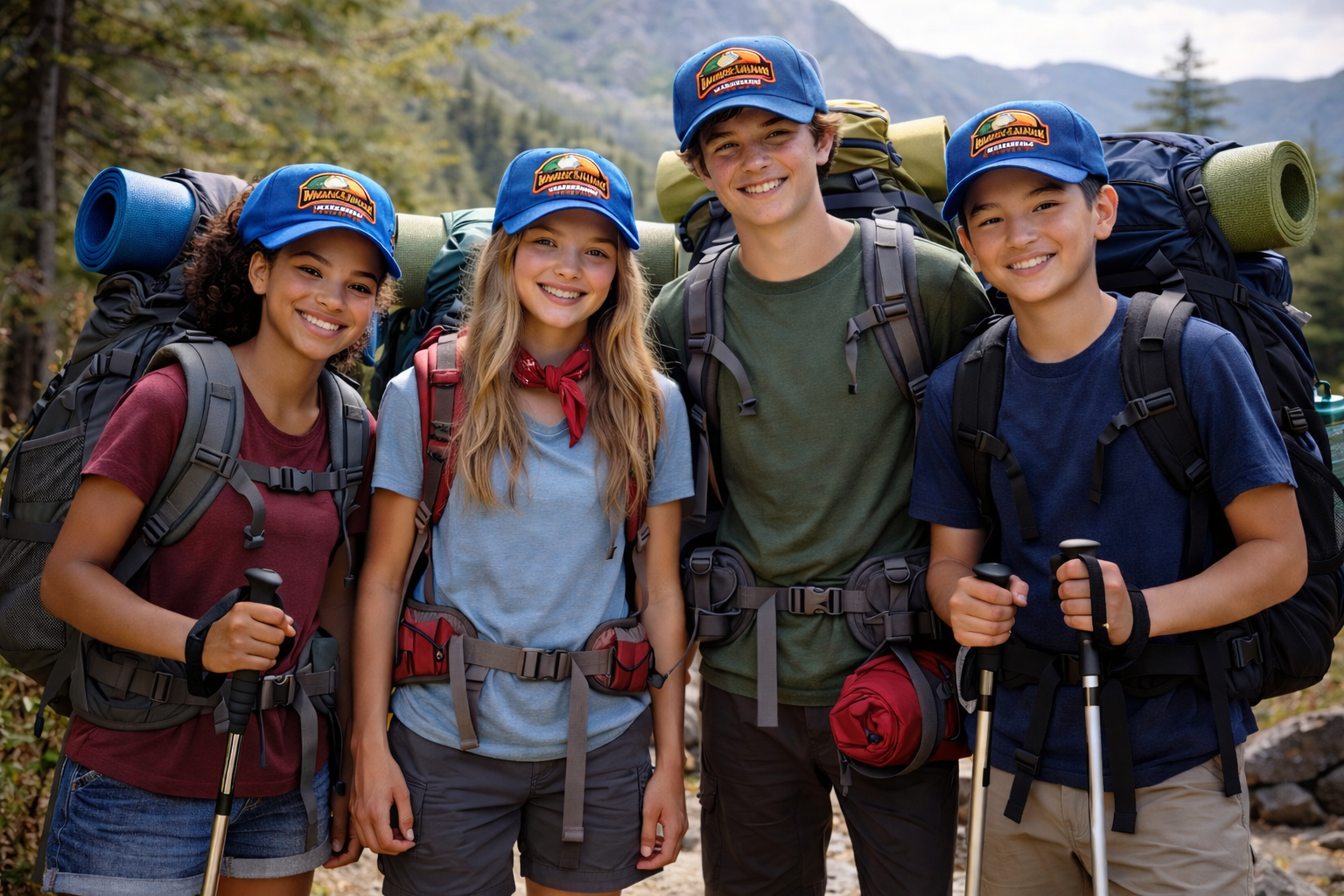 Group of four smiling young hikers with backpacks and trekking poles standing outdoors in a forested mountain area.