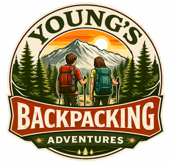 Illustration of two backpacks hikers walking toward a mountain with a sunset, surrounded by pine trees, with text 'Young's Backpacking Adventures'