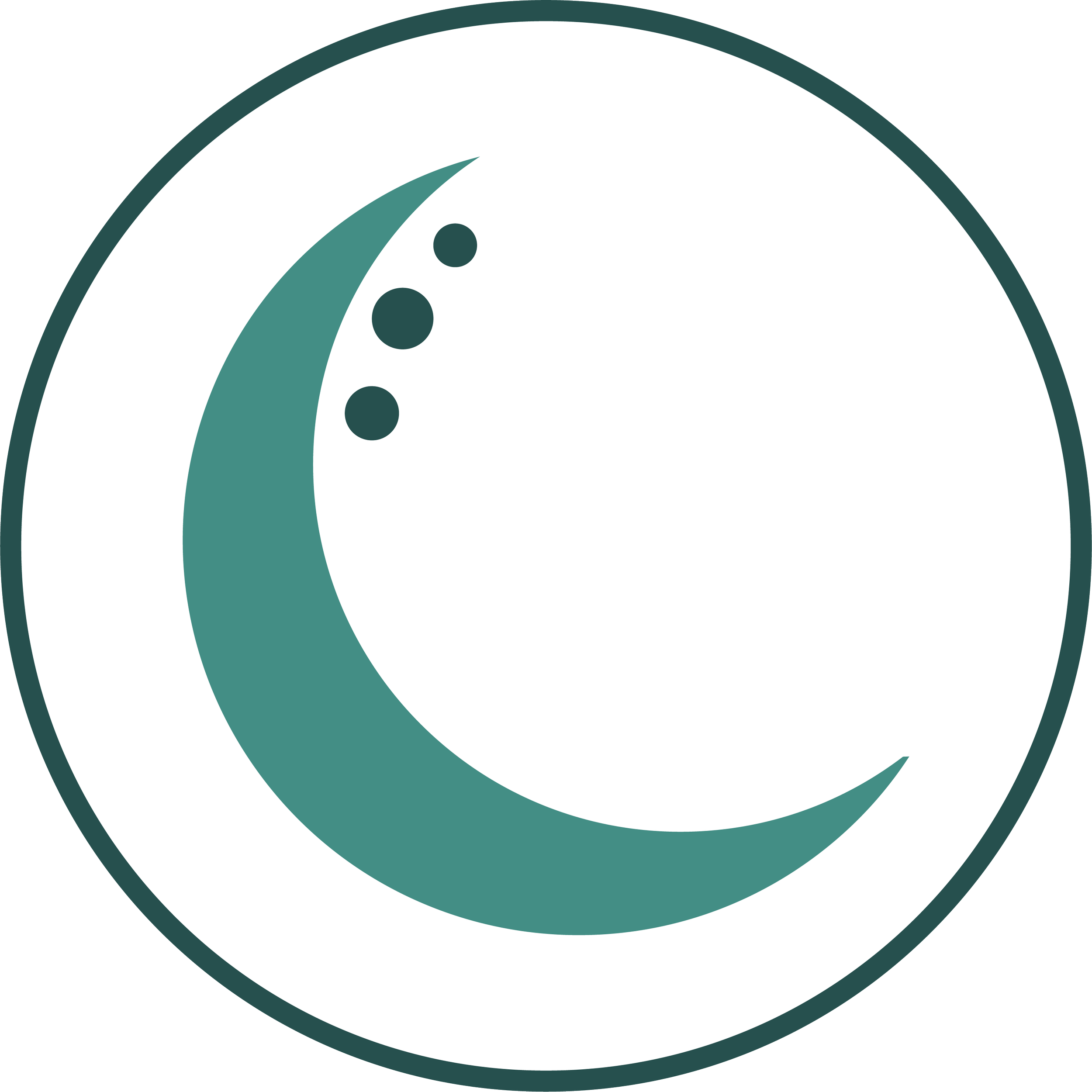 Close-up of a circular logo with a green arc and three black dots, set against a black background.
