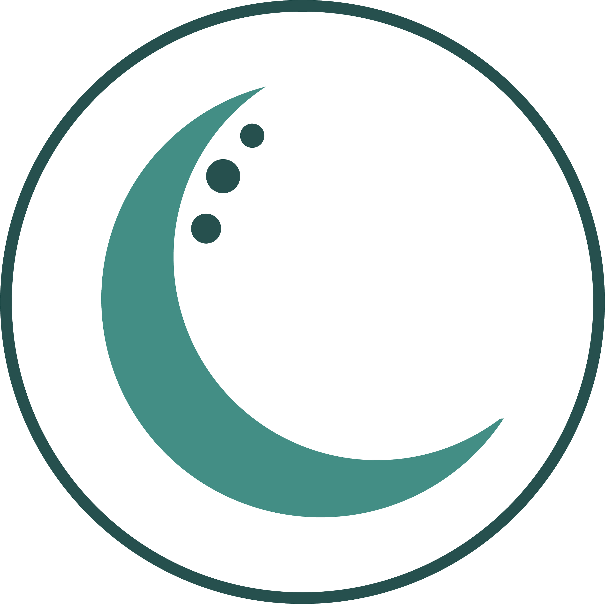 A stylized logo featuring a circular design with a teal curved line and three teal dots on black background.