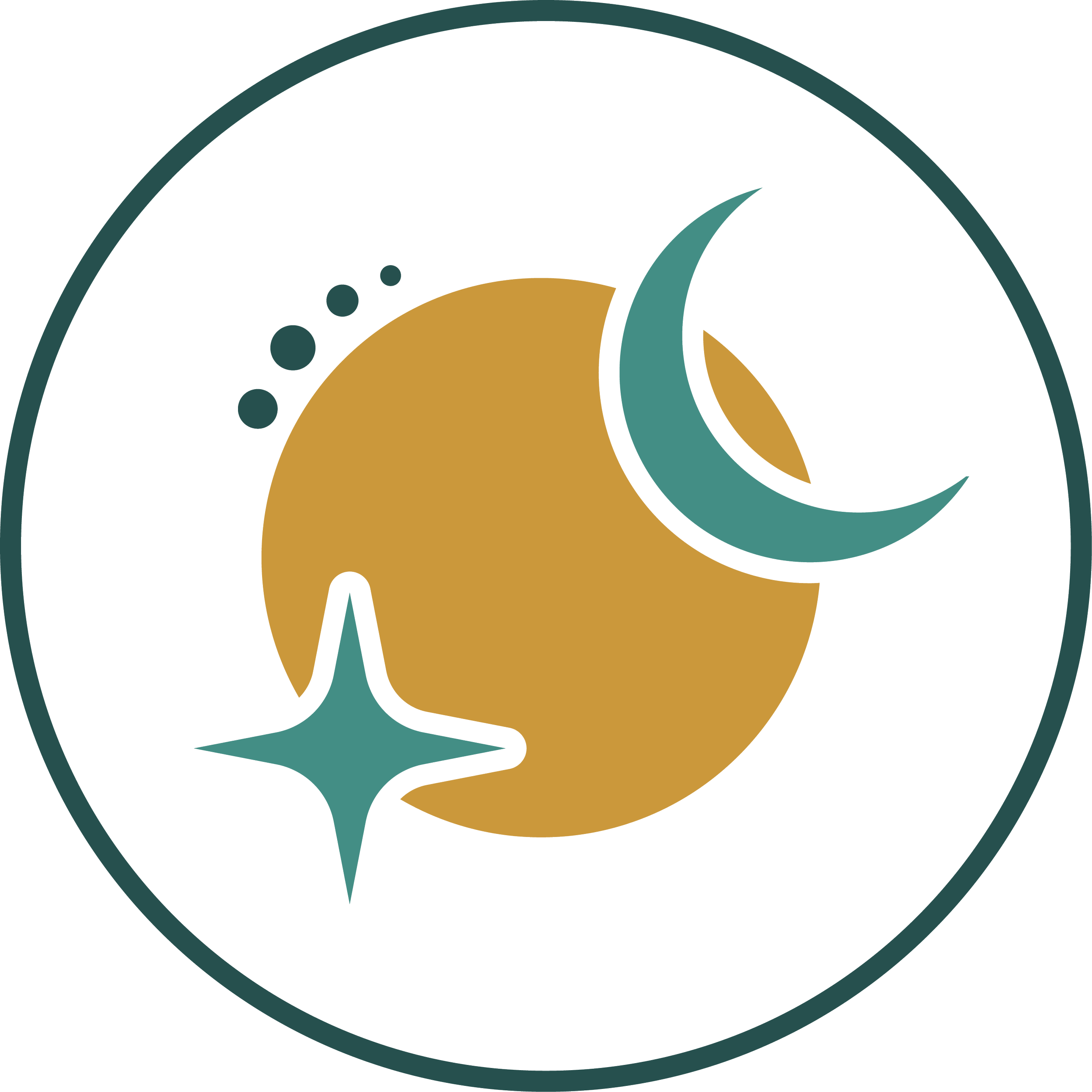 Abstract logo with curved teal lines, golden shapes, and dark teal dots arranged within a large dark teal circle.