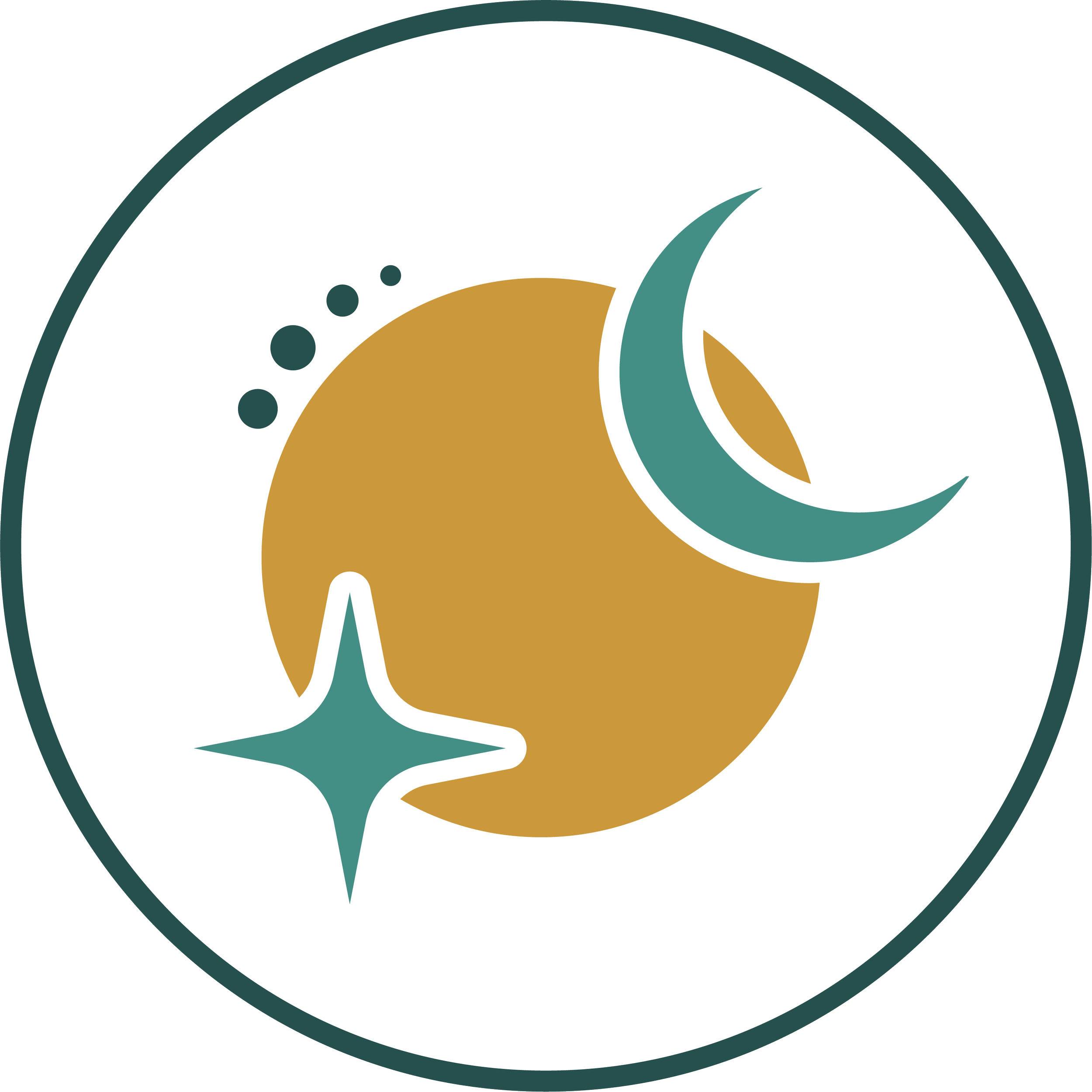 Stylized graphic with a white speech bubble and gold owl inside, surrounded by teal and gold abstract shapes.