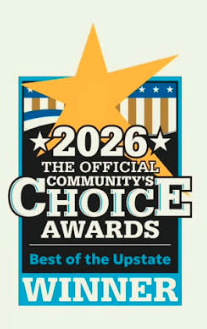 Official community's Choice Awards badge for 2026 with blue, black, and white colors, including stars and stripes, indicating Best of the Upstate winner.