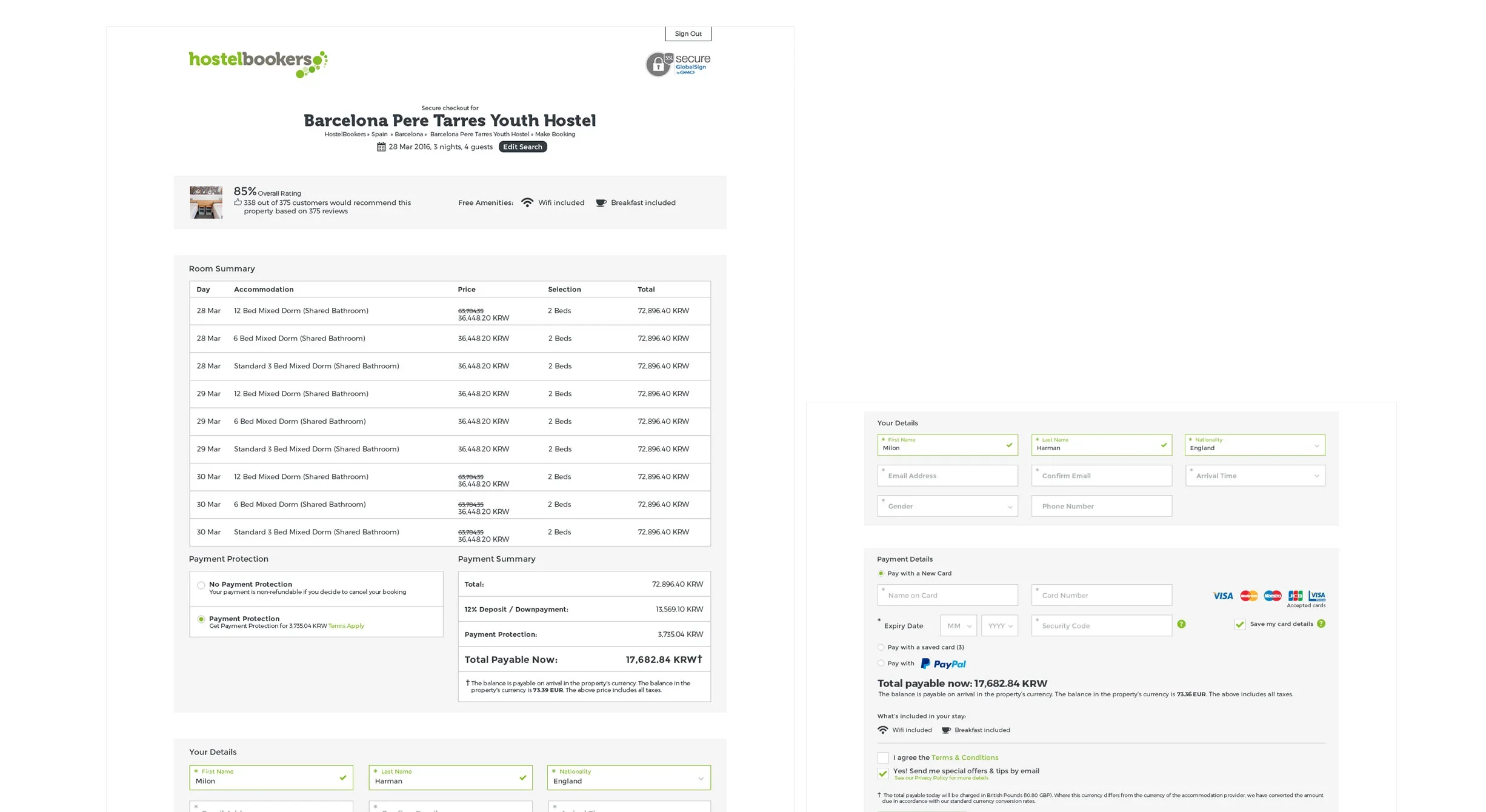 Hostelbookers checkout page