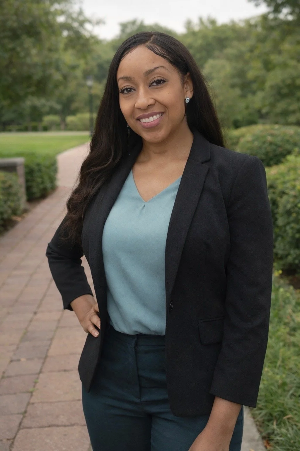 A young woman with long dark hair in a professional outfit standing outdoors on a brick pathway with trees and bushes in the background.