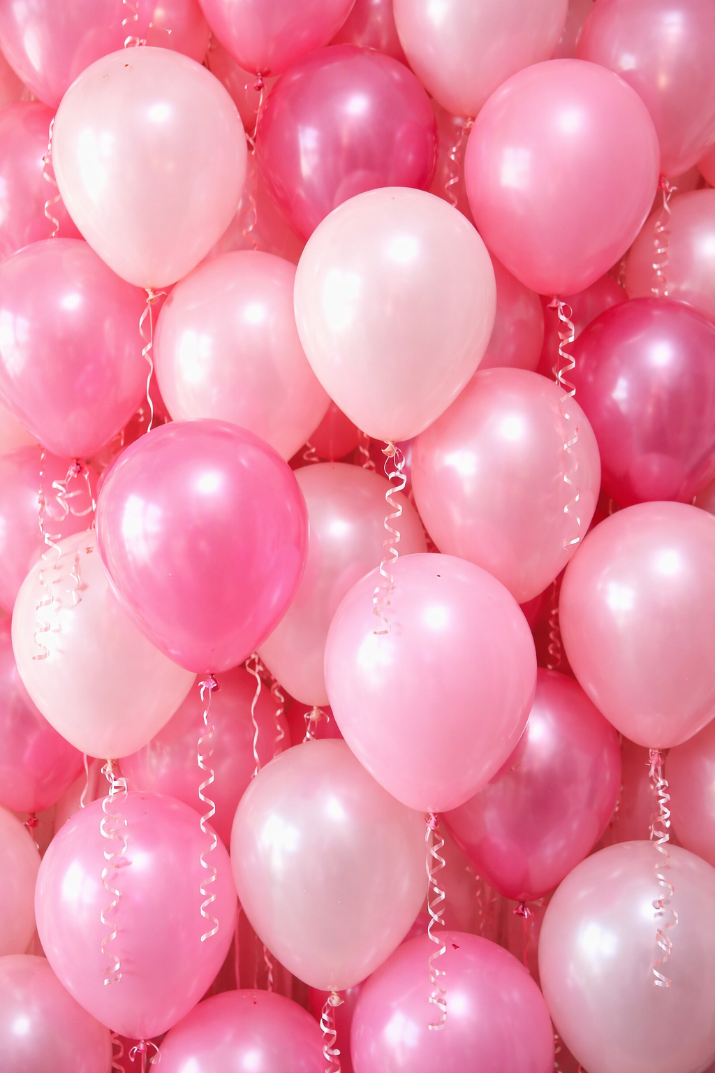 A large cluster of pink and white balloons with curly ribbons.