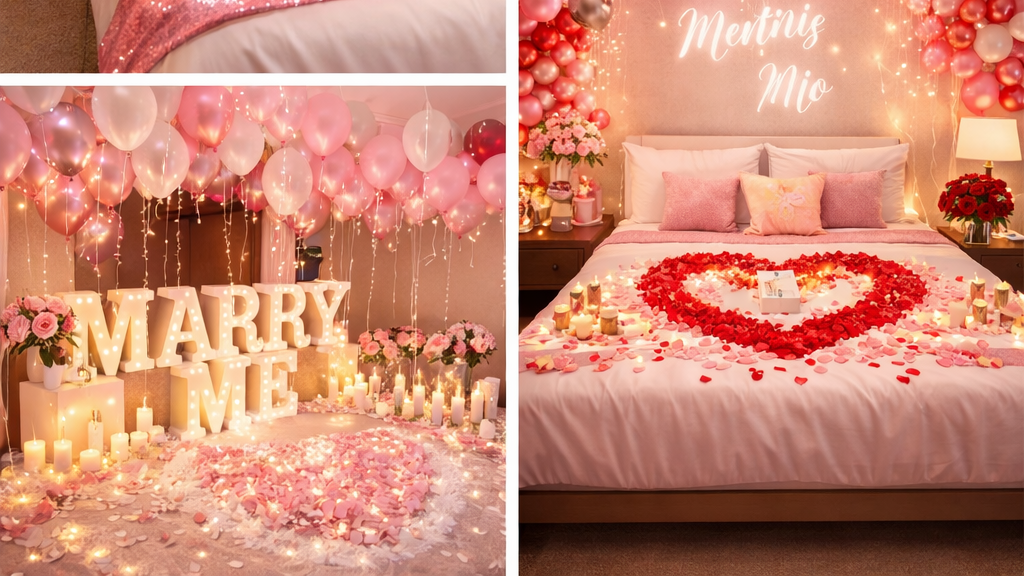 Two romantic Valentine's Day scenes with decorated beds and heart-shaped rose arrangements. The left scene features a bed decorated with pink and white balloons, candles, and large illuminated letters spelling "MARRY ME" with pink flower arrangements. The right scene shows a bed with a heart-shaped rose petal arrangement, surrounded by candles and flower vases, with the words "Mentine Mio" illuminated on the wall above.