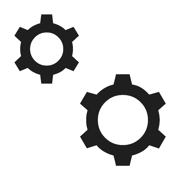 Two black gear icons overlapping against a white background.