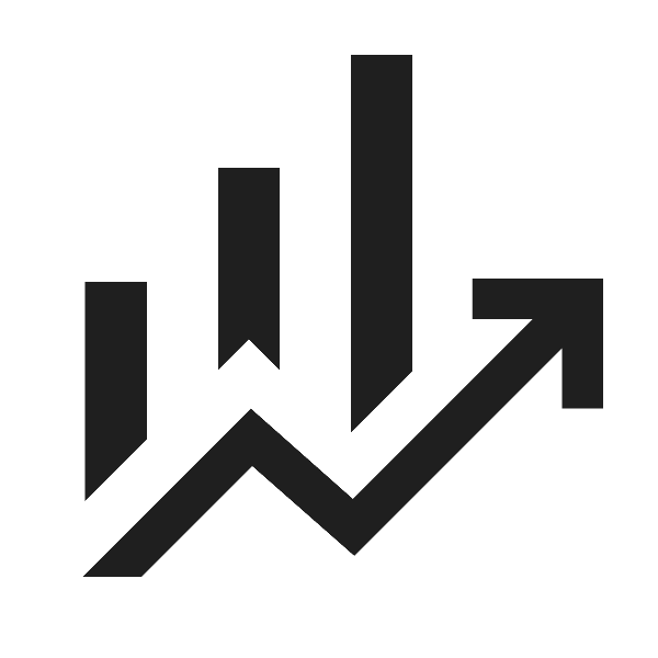 Black icon of a bar and line graph with upward and downward arrows indicating data analysis or financial growth.