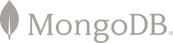 MongoDB logo with gray and black text and a gray leaf icon on a white background.