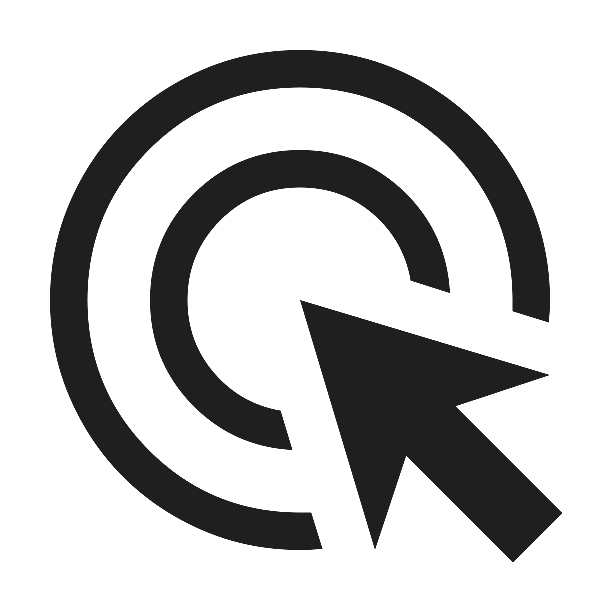 Black background with a large circular target icon and a mouse cursor pointer.