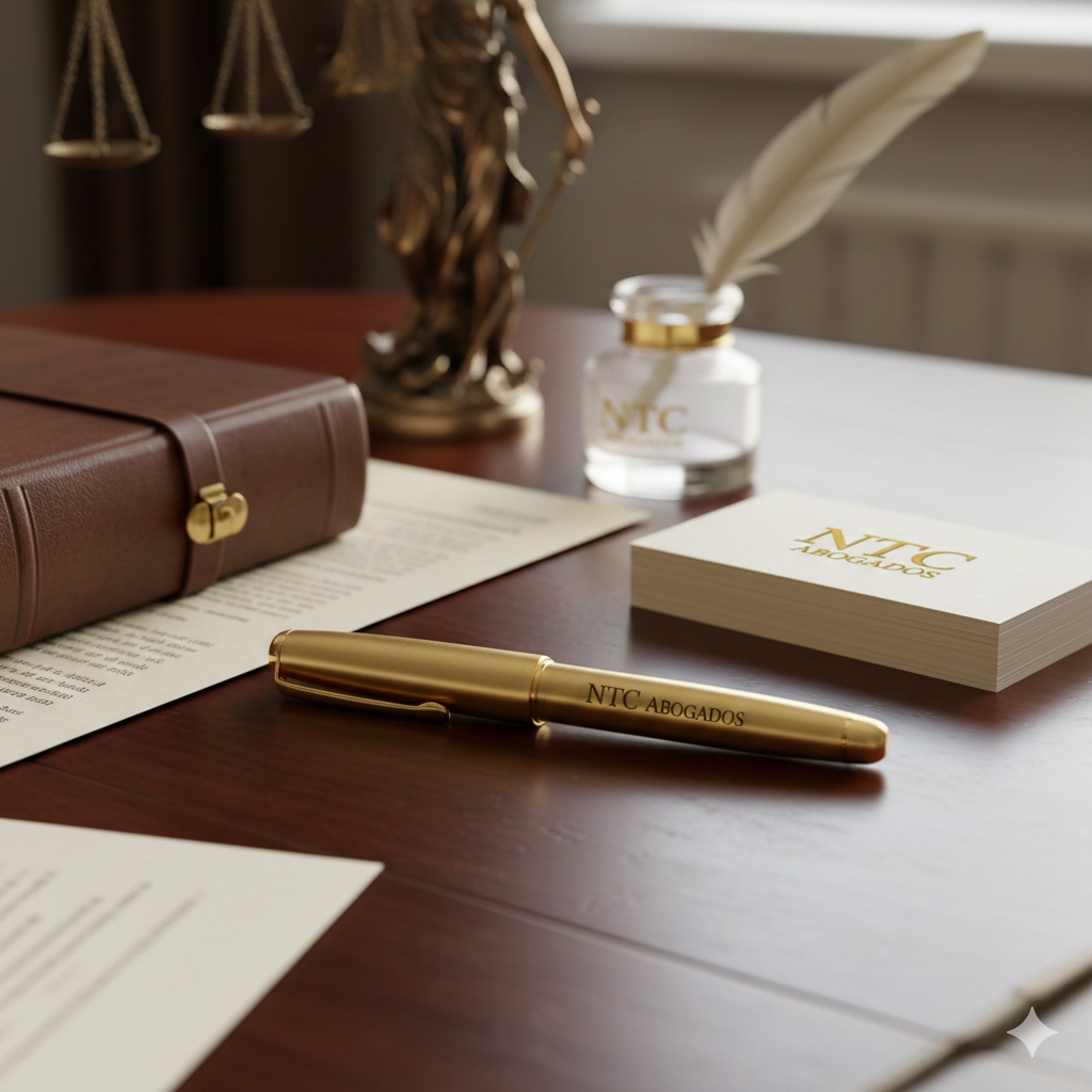 Estación de trabajo de un abogado con documentos, bolígrafo dorado con la leyenda 'NTC ABOGADOS', cuaderno, pluma, una figura de la justicia y un frasco de tinta con pluma.