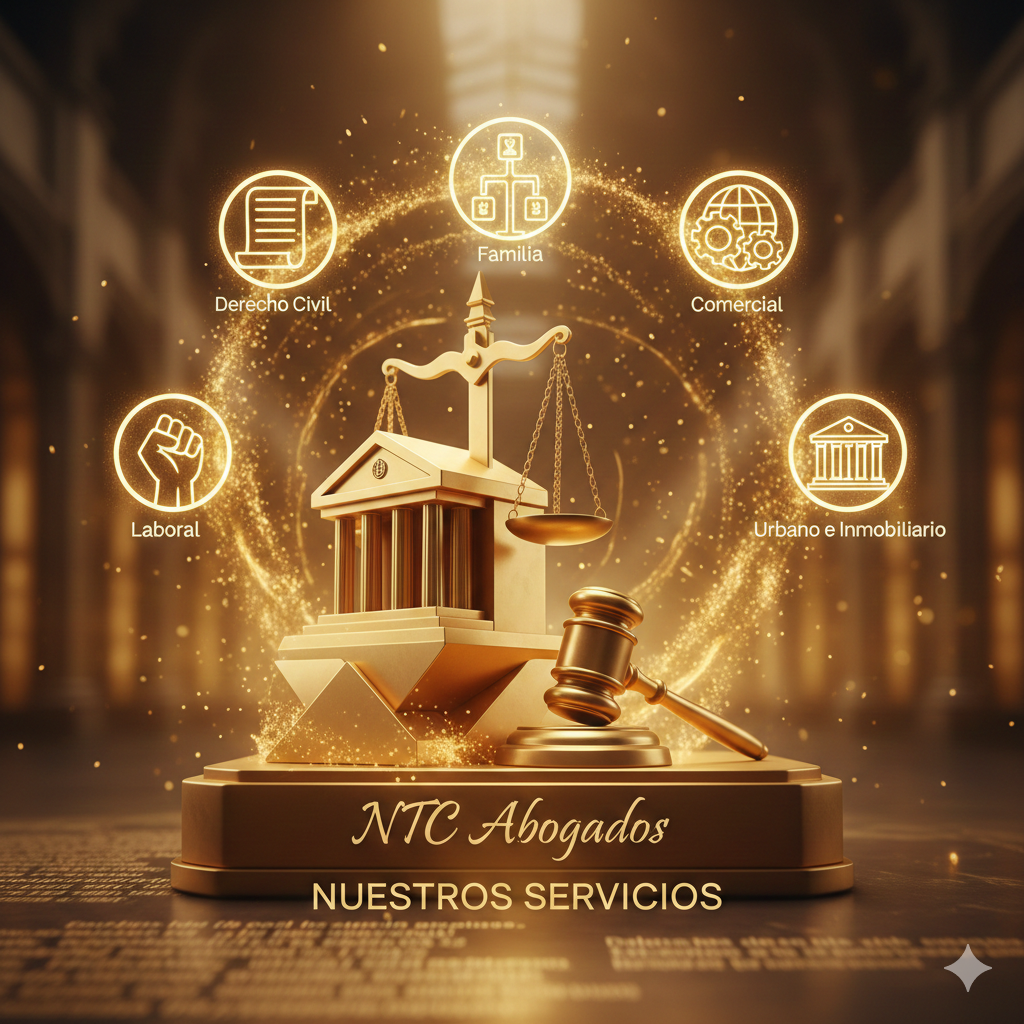 Iconos que representan diferentes áreas legales de un despacho de abogados, incluyendo derecho civil, familia, comercial, laboral y urbano e inmobiliario, con una balanza y un mazo de juez en primer plano. Texto que dice 'NTC Abogados' y 'Nuestros Servicios'.