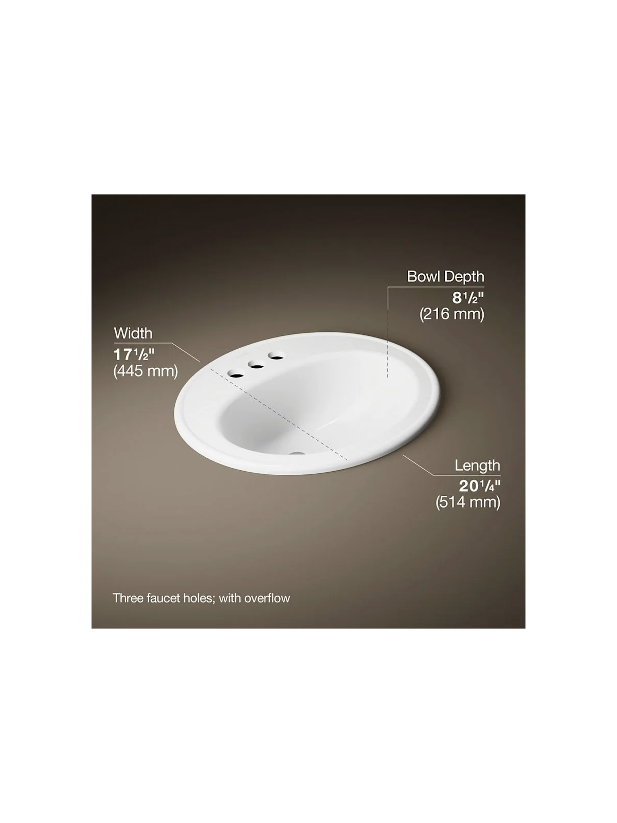 KOHLER 2196 4 0 PENNINGTON WHT 20 1/4 X 17 1/2IN OVAL 3H 4 IN. CENTERSET VC DROP IN BATH SINK W/ OVERFLOW