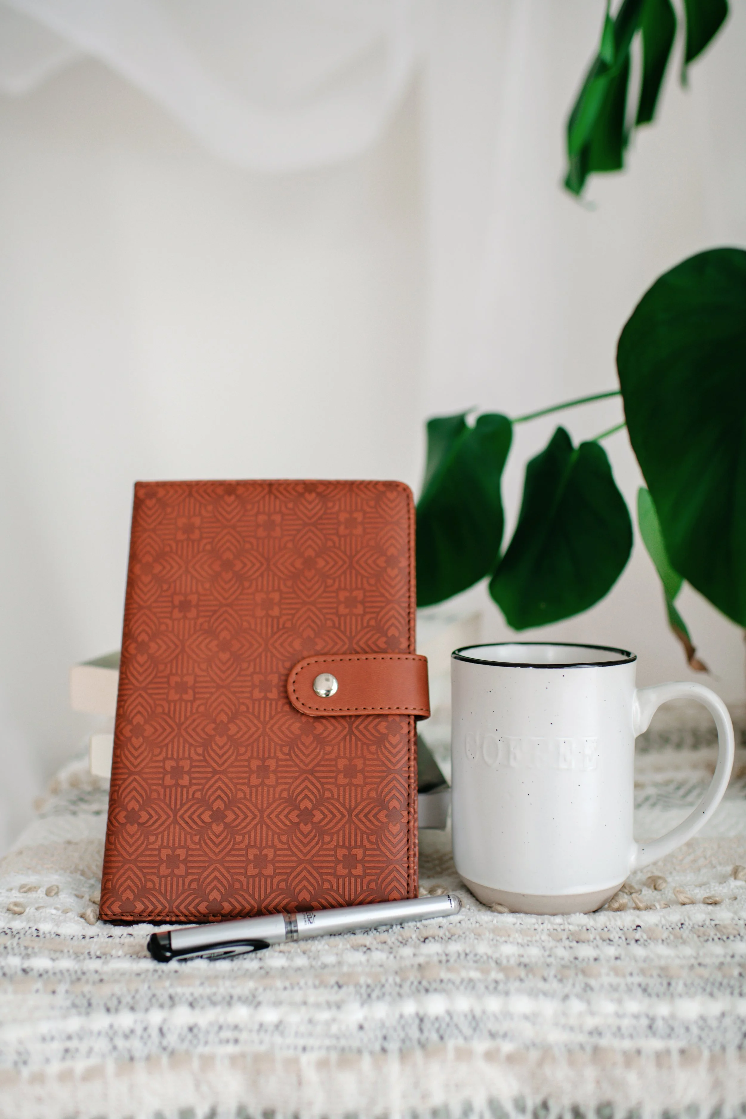 A flat lay of a textured brown planner, a white coffee mug, a silver pen, and a large green houseplant on a woven surface.