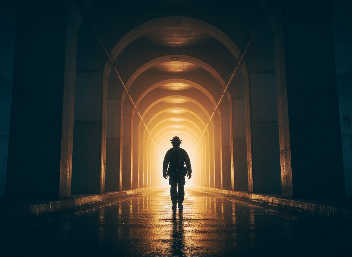 Lone firefighter walking through flames, symbolizing the invisible emotional battles first responders face and how Badges and Breakthroughs walks through the fire beside them.
