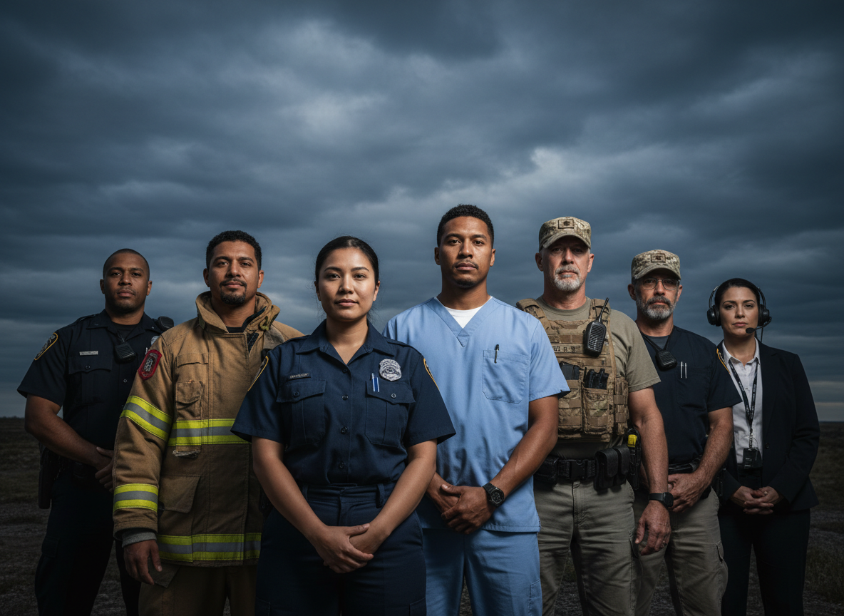 Group of diverse first responders standing together under dramatic sky, symbolizing support, resilience, and mental health wellness services from Badges and Breakthroughs.
